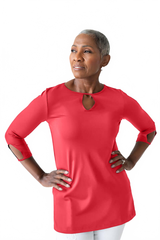 Razzmatazz Keyhole Neck 3/4 Sleeve Tunic Angled View - Travel Clothing | JudyP Apparel