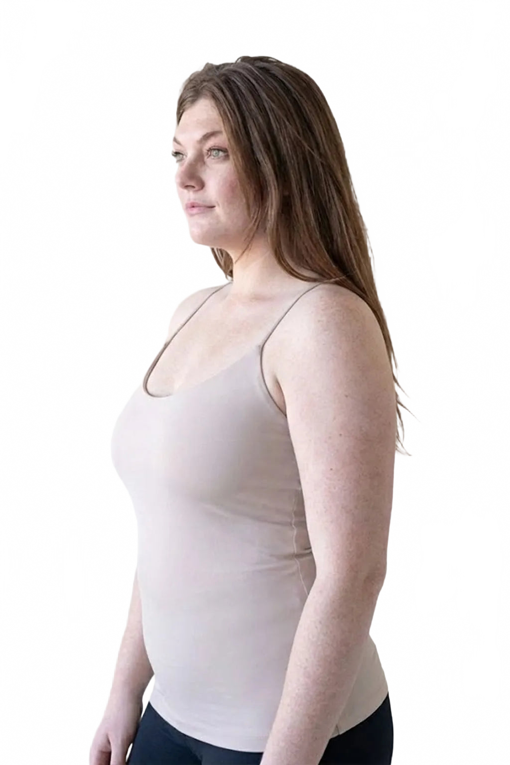 Natural Scoop Neck Sleeveless Tank Top Profile View - Wrinkle-Free Travel Clothing Made in USA | JudyP Apparel