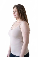 Natural Scoop Neck Sleeveless Tank Top Profile View - Wrinkle-Free Travel Clothing Made in USA | JudyP Apparel