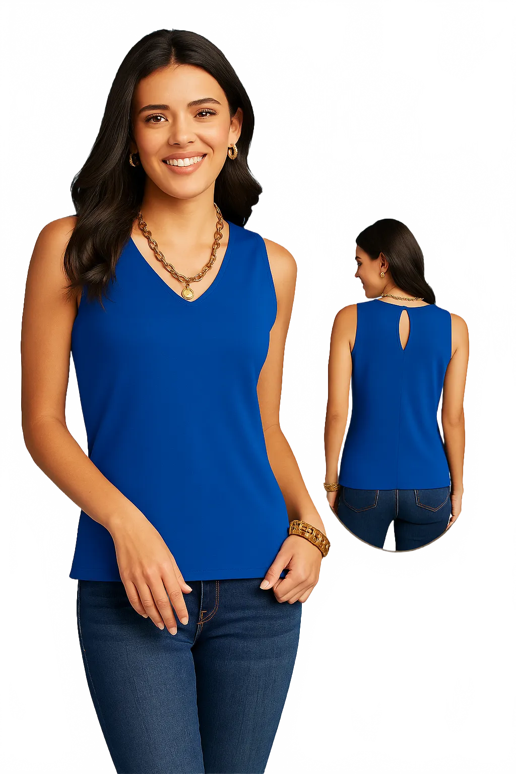 Royal Blue V-Neck Sleeveless Top Front and Back View - Made in USA Moisture Wicking Elevated Basic | JudyP Apparel