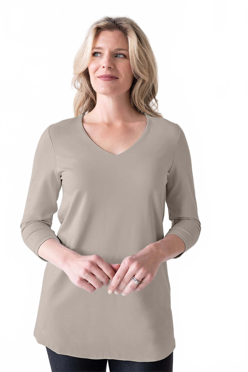 Khaki V-Neck 3/4 Sleeve Tunic Front View - Made in USA | JudyP Apparel