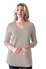 Khaki V-Neck 3/4 Sleeve Tunic Front View - Made in USA | JudyP Apparel