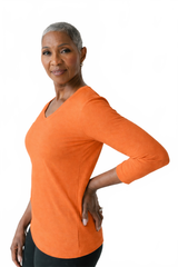 Tangerine V-Neck 3/4 Sleeve Top Angled View - UPF 50 Flattering Fit | JudyP Apparel