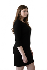 Black Boatneck 3/4 Sleeve Dress Side Profile View - Flattering Fit Travel Clothing | JudyP Apparel