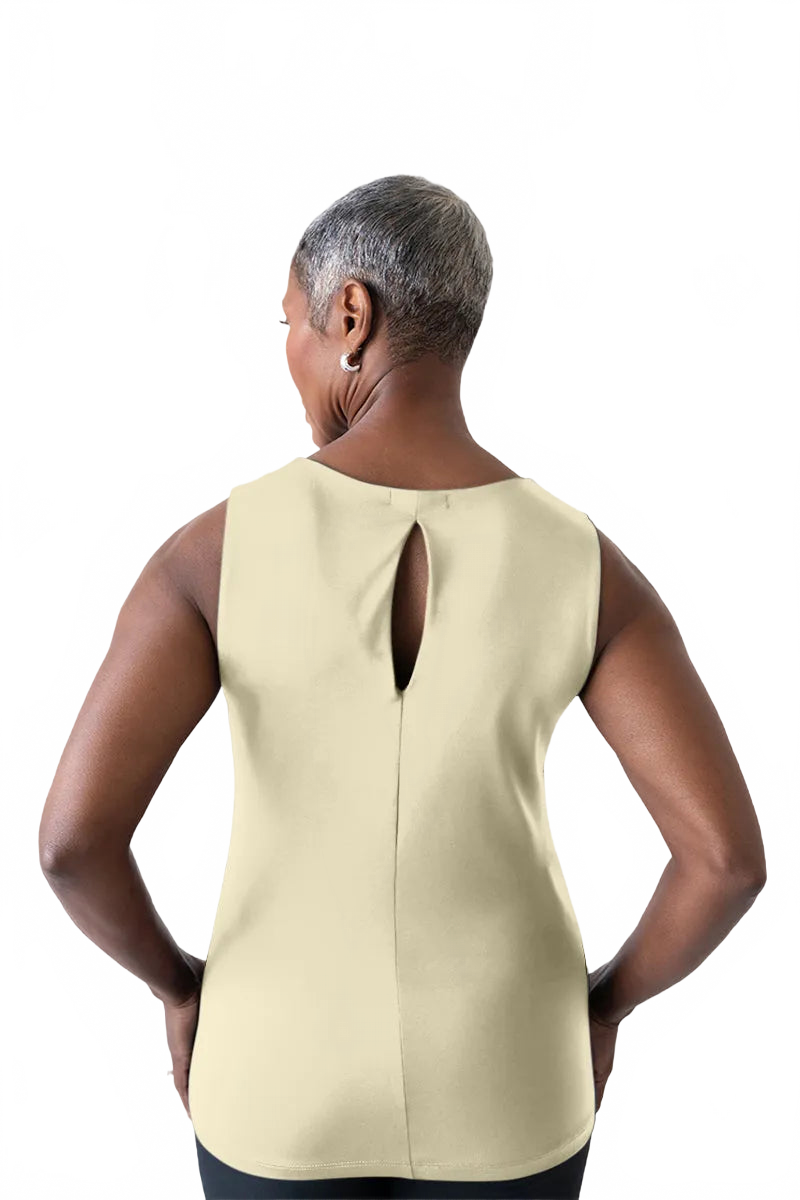 Cream V-Neck Sleeveless Top Back View - Made in USA Moisture Wicking Elevated Basic | JudyP Apparel