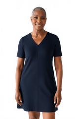 Navy V-Neck Short Sleeve Dress Front View - Machine Washable | JudyP Apparel