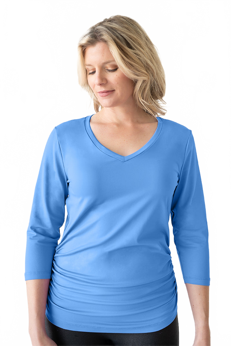 Cerulean V-Neck 3/4 Sleeve Top Front View - Moisture Wicking | JudyP Apparel