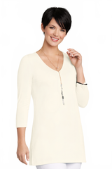 Ivory V-Neck 3/4 Sleeve Tunic Top Front View - Wrinkle-Free Elevated Basic | JudyP Apparel