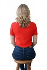 Razzmatazz Red Crewneck Short Sleeve Top Seated Back View - Wrinkle-Free Machine Washable Travel Clothing | JudyP Apparel