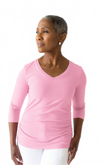 Cotton Candy V-Neck 3/4 Sleeve Top Angled View - Flattering Fit | JudyP Apparel