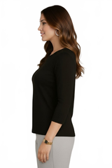 Black Boatneck 3/4 Sleeve Top Side View - Flattering Fit Wrinkle-Free Elevated Basic | JudyP Apparel