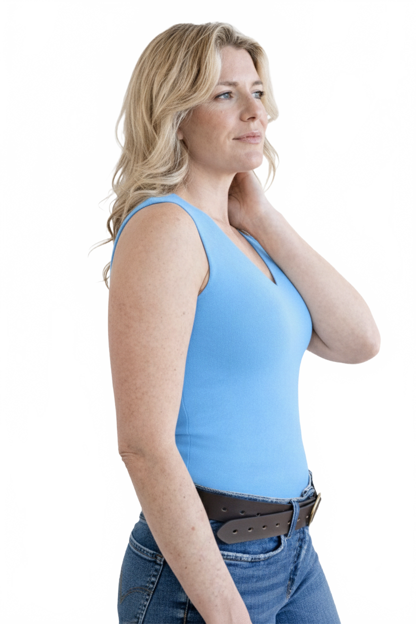 Cerulean V-Neck Sleeveless Tank Top Angled Side View - Moisture Wicking Flattering Fit | JudyP Apparel