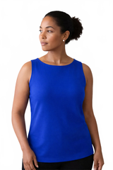 Bright Royal Boatneck Sleeveless Tank Top Angled View - Flattering Fit Made in USA | JudyP Apparel