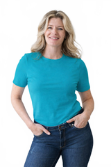 Aqua Wave Crewneck Short Sleeve Top Front View - Wrinkle-Free Elevated Basic Machine Washable | JudyP Apparel