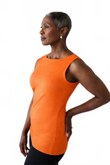 Tangerine Boatneck Sleeveless Tank Top Angled View - Moisture Wicking Flattering Fit | JudyP Apparel