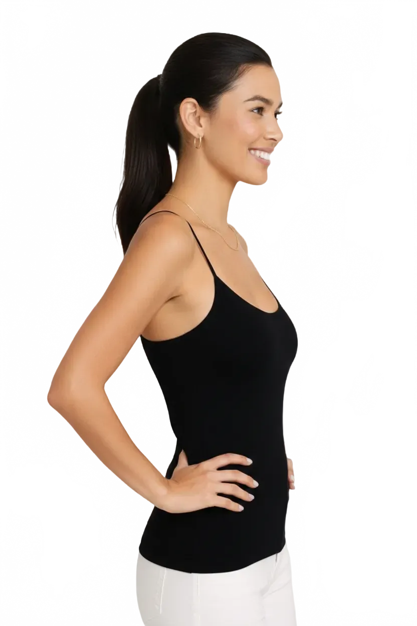 Black Scoop Neck Sleeveless Tank Top Profile View - UPF 50 Flattering Fit Travel Clothing | JudyP Apparel