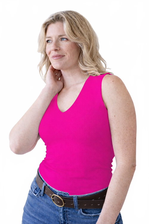 Bougainvillea V-Neck Sleeveless Tank Top Angled - Machine Washable | JudyP Apparel