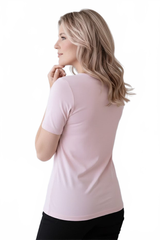 Blush Crewneck Short Sleeve Top Angled View - Flattering Fit | JudyP Apparel