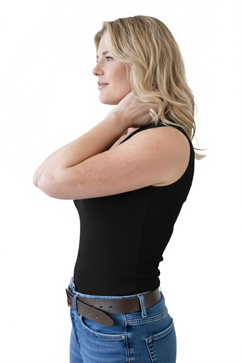 Black V-Neck Sleeveless Tank Top Side View Arms Crossed - Machine Washable Elevated Basic | JudyP Apparel