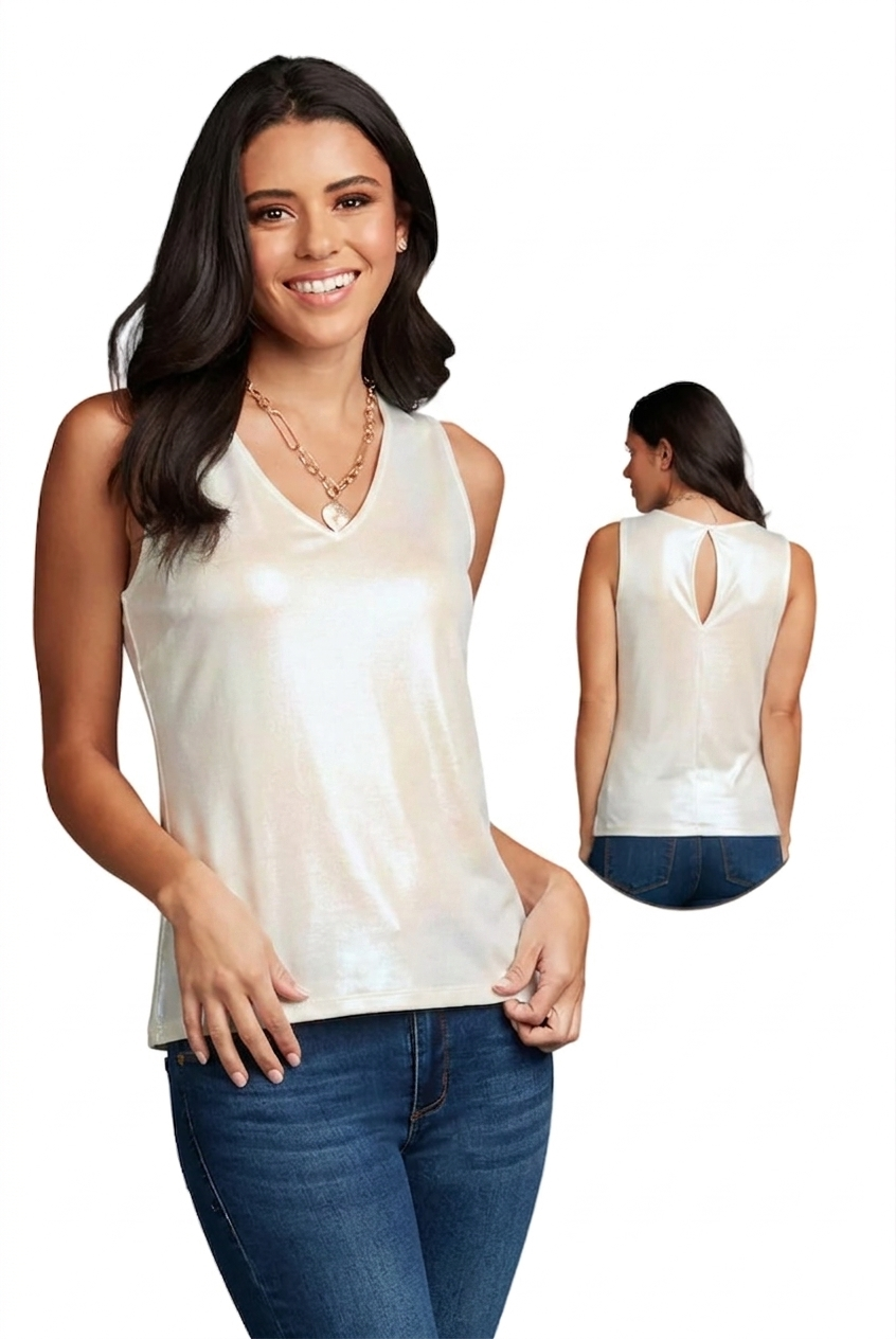 Pearl V-Neck Sleeveless Tank Top Front and Back View - Flattering Fit Made in USA | JudyP Apparel
